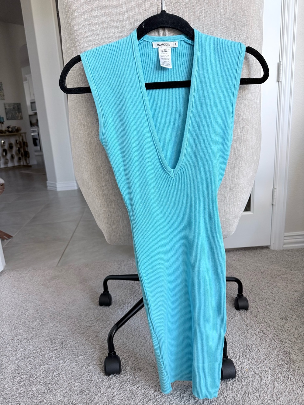 Mango Ribbed V-Neck Tank Dress in Aqua Blue